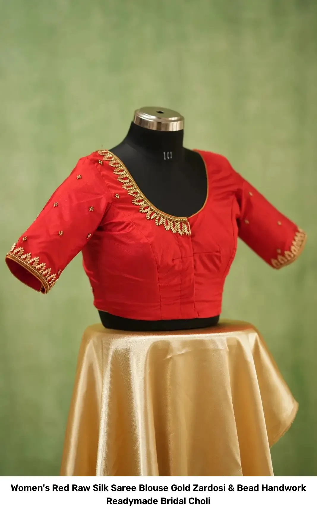 Women's Red Raw Silk Saree Blouse – Gold Zardosi & Bead Handwork Readymade Bridal Choli 5