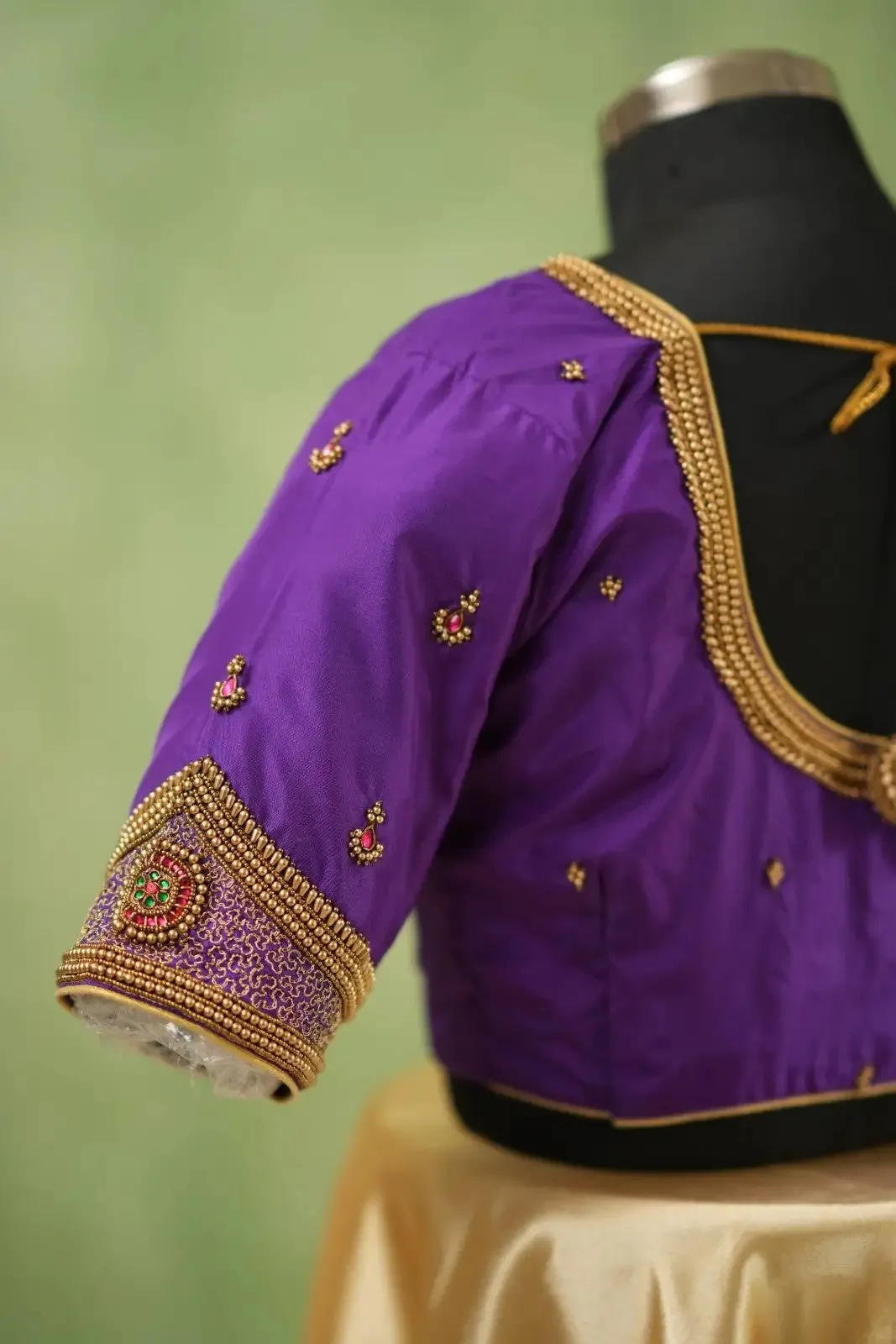 Women's Royal Violet Silk Saree Blouse – Heavy Kundan & Maggam Embroidered Readymade Bridal Choli 1
