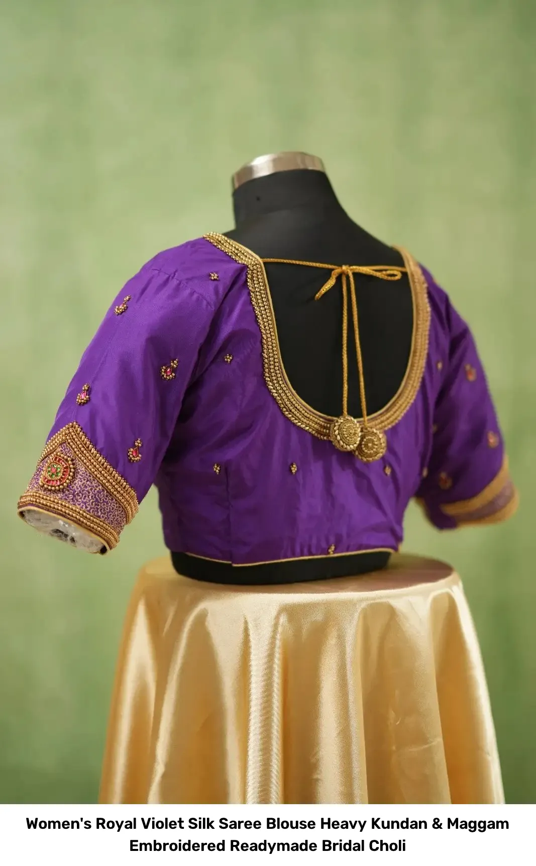 Women's Royal Violet Silk Saree Blouse – Heavy Kundan & Maggam Embroidered Readymade Bridal Choli 3