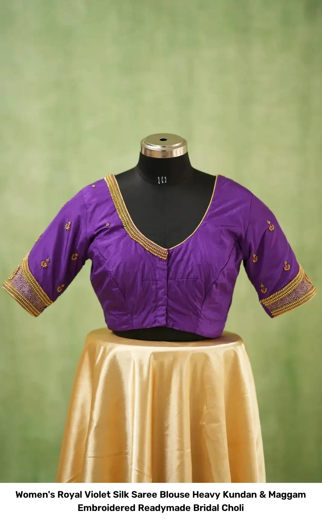 Women's Royal Violet Silk Saree Blouse – Heavy Kundan & Maggam Embroidered Readymade Bridal Choli 4
