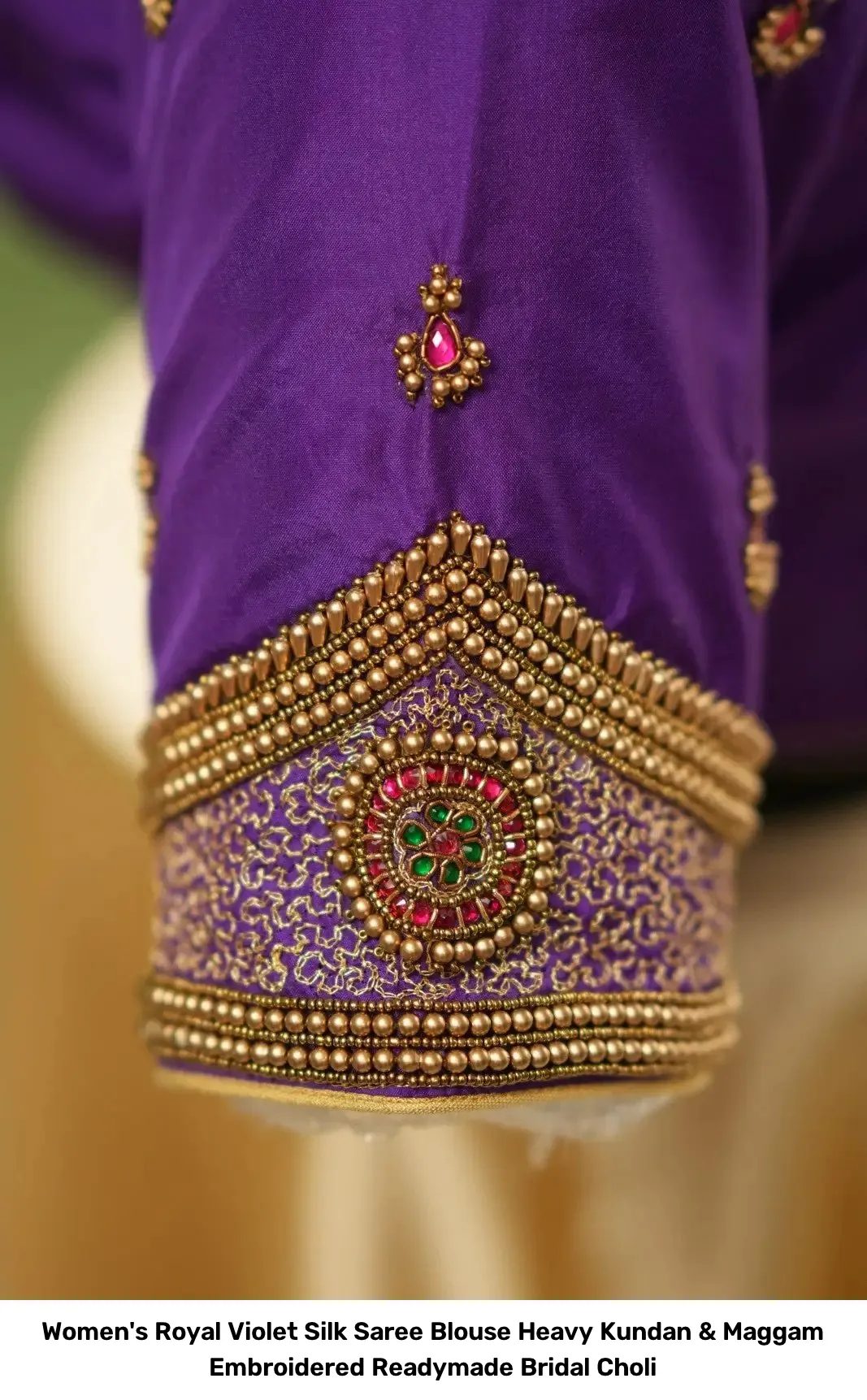 Women's Royal Violet Silk Saree Blouse – Heavy Kundan & Maggam Embroidered Readymade Bridal Choli 5