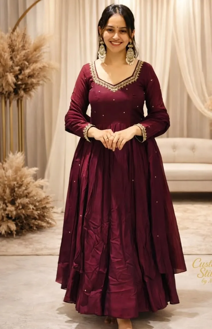 Women's Wine Maroon Embroidered Anarkali Gown | Long Flared Silk Ethnic Maxi Dress with Zari Work Neckline & Full Sleeves