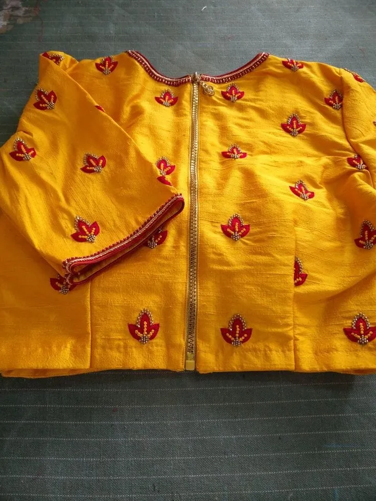 Yellow Embroidered Silk Blouse with Front Zipper & Contrast Red Piping – Haldi & Festive Saree Blouse 1