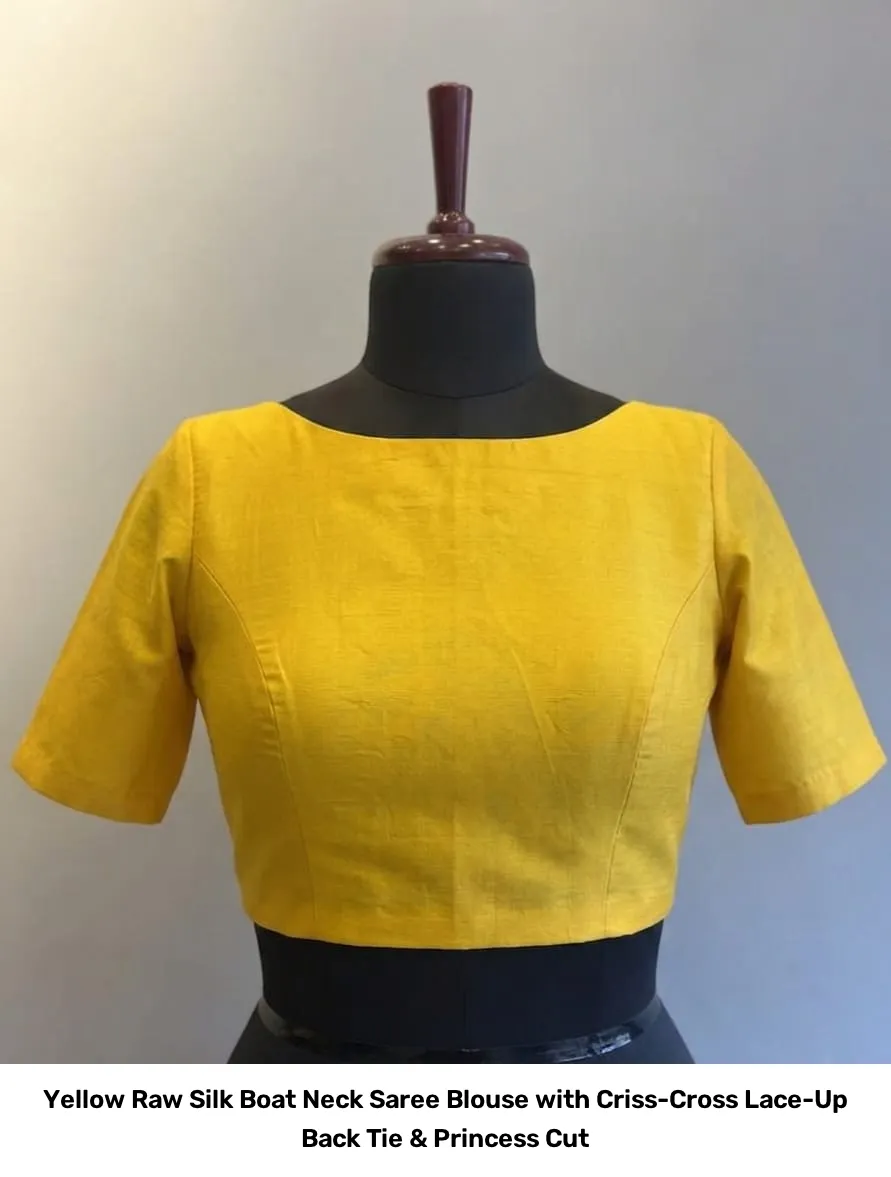 Yellow Raw Silk Boat Neck Saree Blouse with Criss-Cross Lace-Up Back Tie & Princess Cut 2