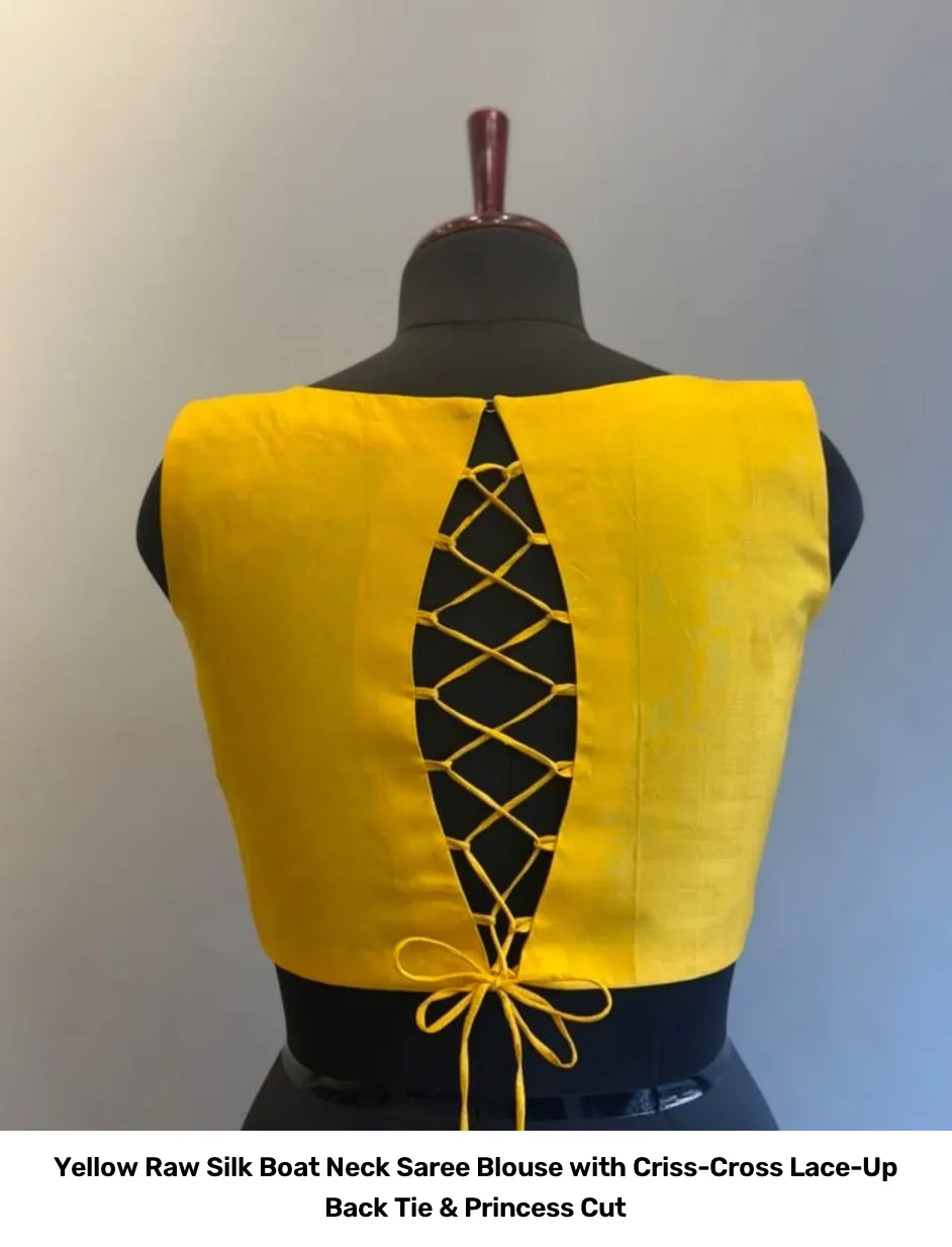 Yellow Raw Silk Boat Neck Saree Blouse with Criss-Cross Lace-Up Back Tie & Princess Cut 3