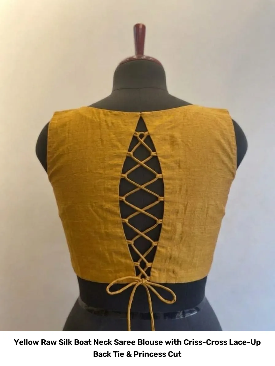 Yellow Raw Silk Boat Neck Saree Blouse with Criss-Cross Lace-Up Back Tie & Princess Cut 5