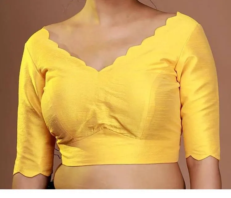 Yellow Readymade Blouse for Women | Deep V-Back Scallop Hem Silk Blouse for Sarees, Festive & Wedding Wear