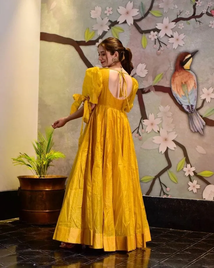 Yellow Silk Long Anarkali Suit for Haldi & Wedding | Designer Puff Sleeve Maxi Dress