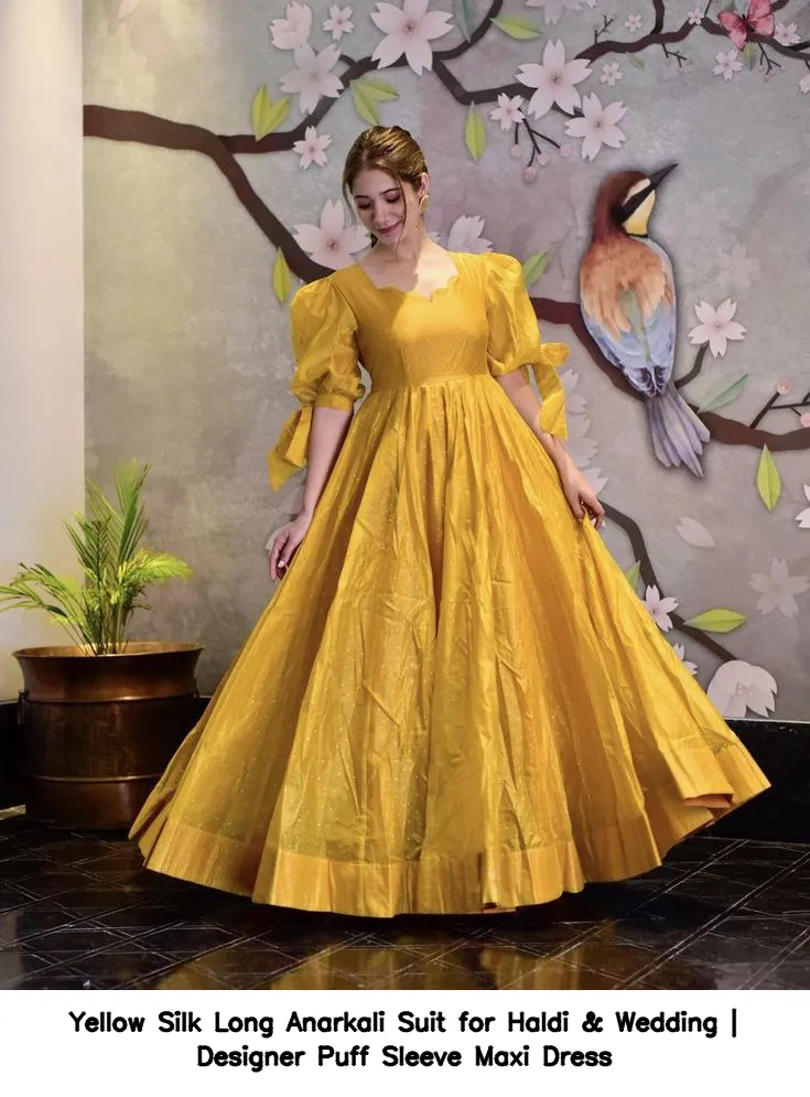 Yellow Silk Long Anarkali Suit for Haldi & Wedding | Designer Puff Sleeve Maxi Dress 2