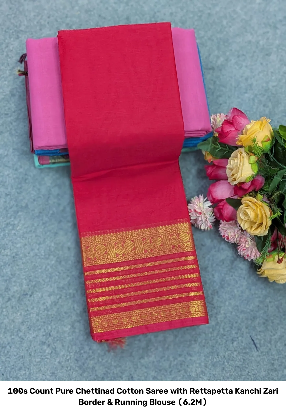 100s Count Pure Chettinad Cotton Saree with Rettapetta Kanchi Zari Border & Running Blouse (6.2M) 10