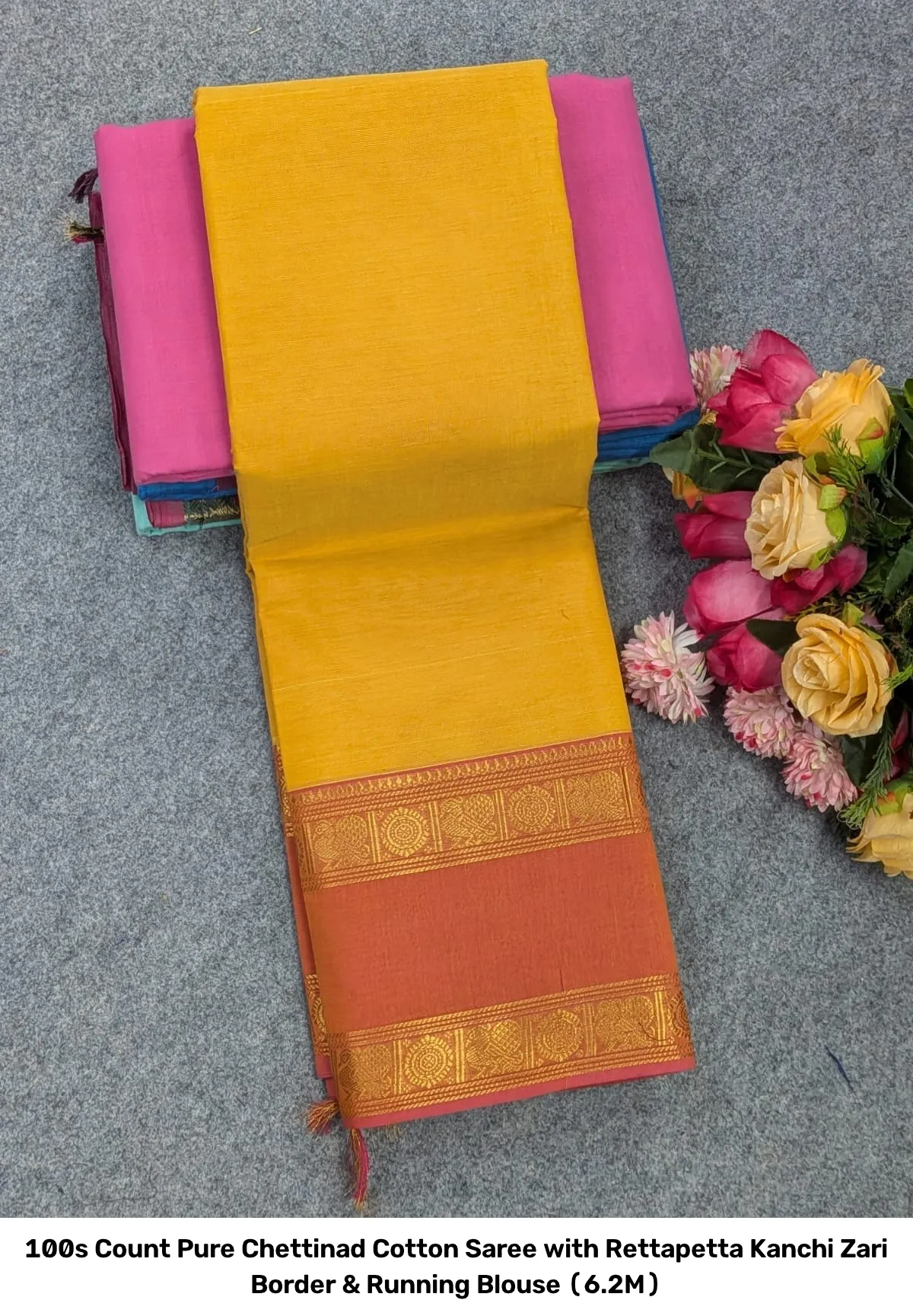 100s Count Pure Chettinad Cotton Saree with Rettapetta Kanchi Zari Border & Running Blouse (6.2M) 11