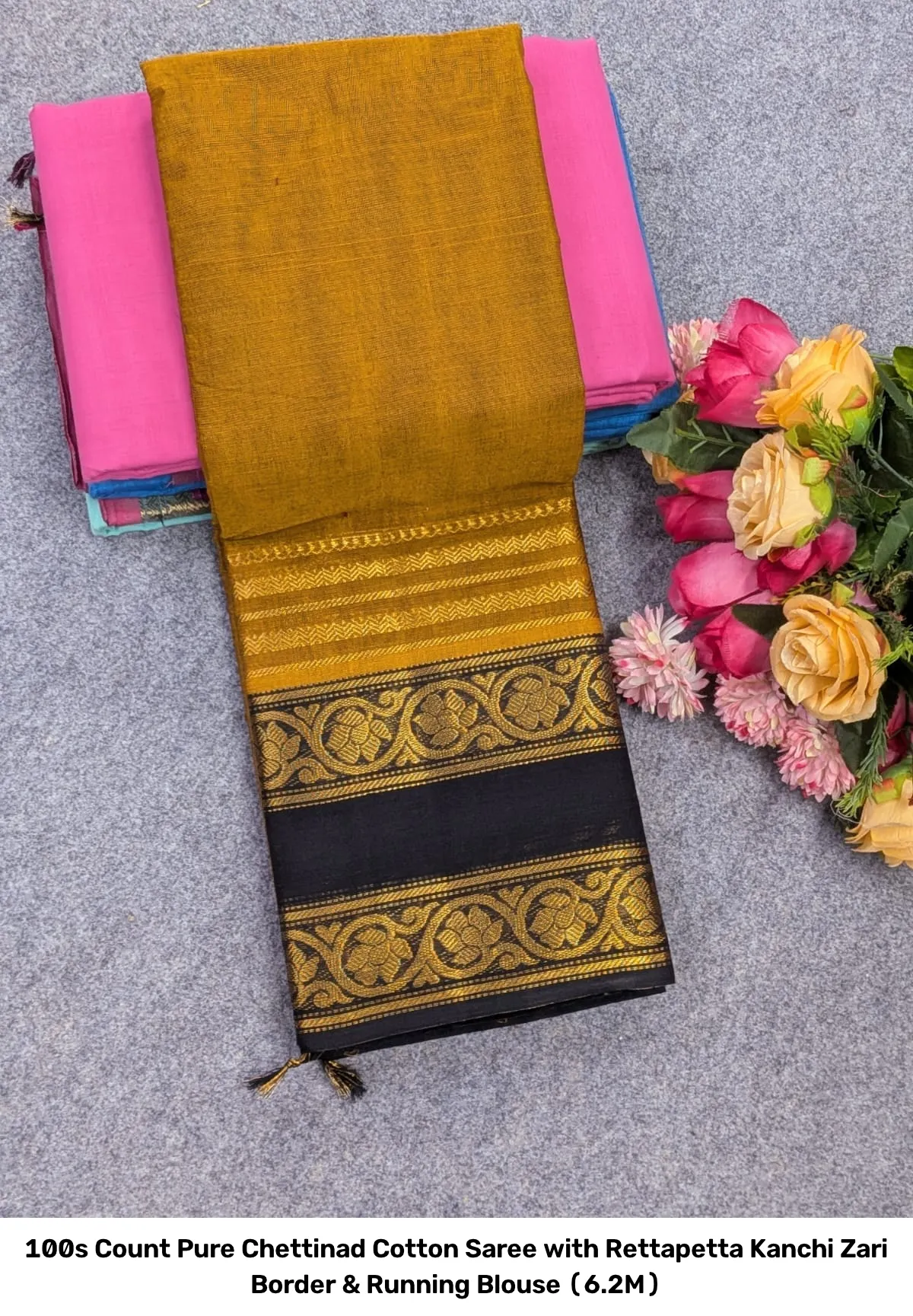 100s Count Pure Chettinad Cotton Saree with Rettapetta Kanchi Zari Border & Running Blouse (6.2M) 12