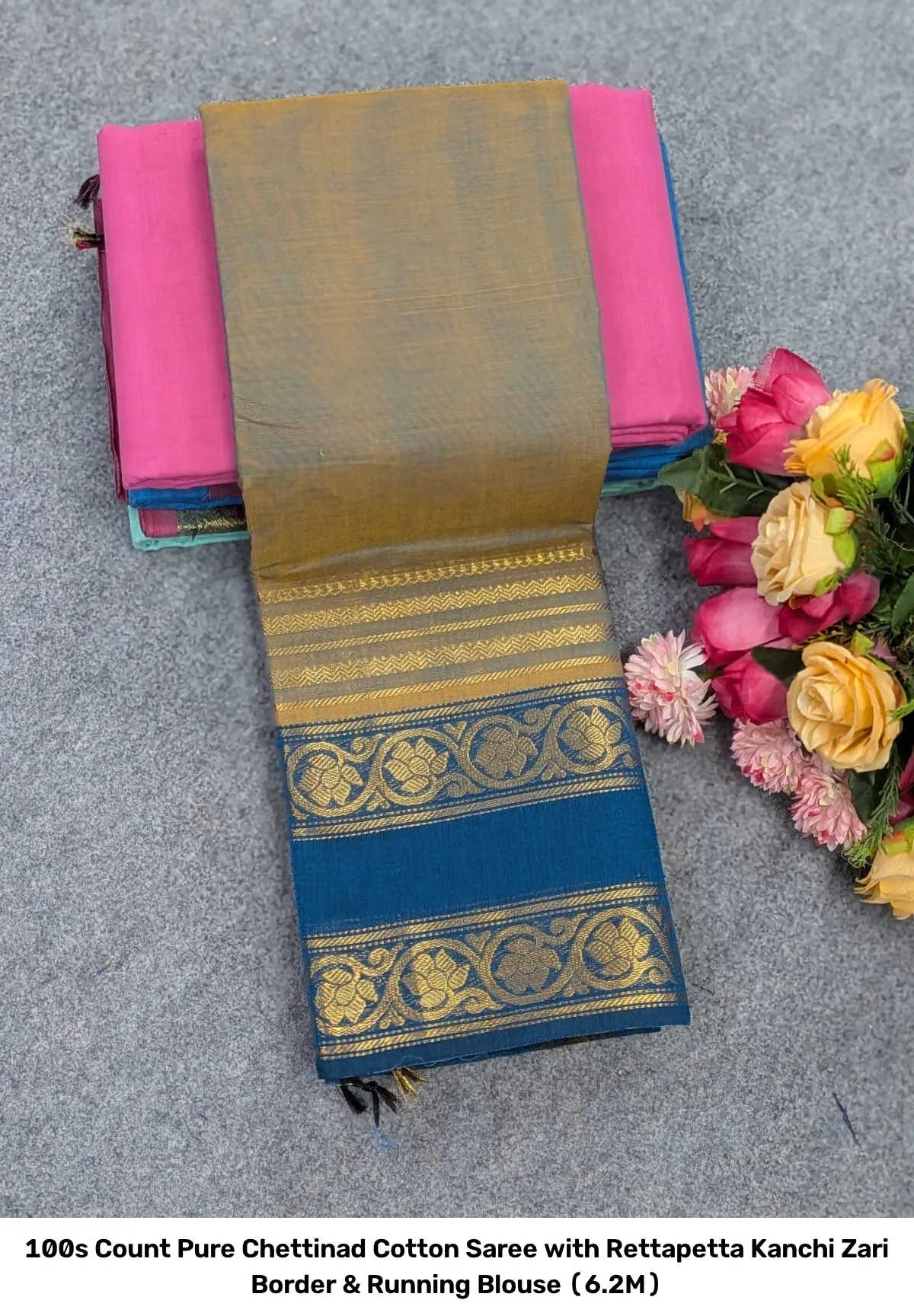 100s Count Pure Chettinad Cotton Saree with Rettapetta Kanchi Zari Border & Running Blouse (6.2M) 13