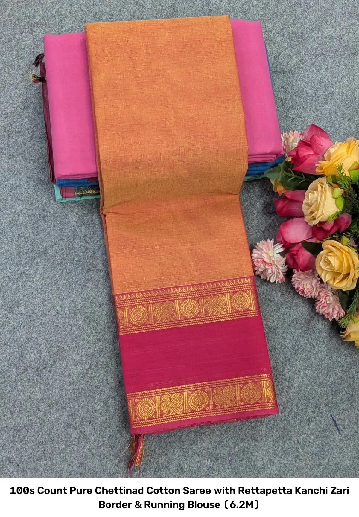 100s Count Pure Chettinad Cotton Saree with Rettapetta Kanchi Zari Border & Running Blouse (6.2M) 14