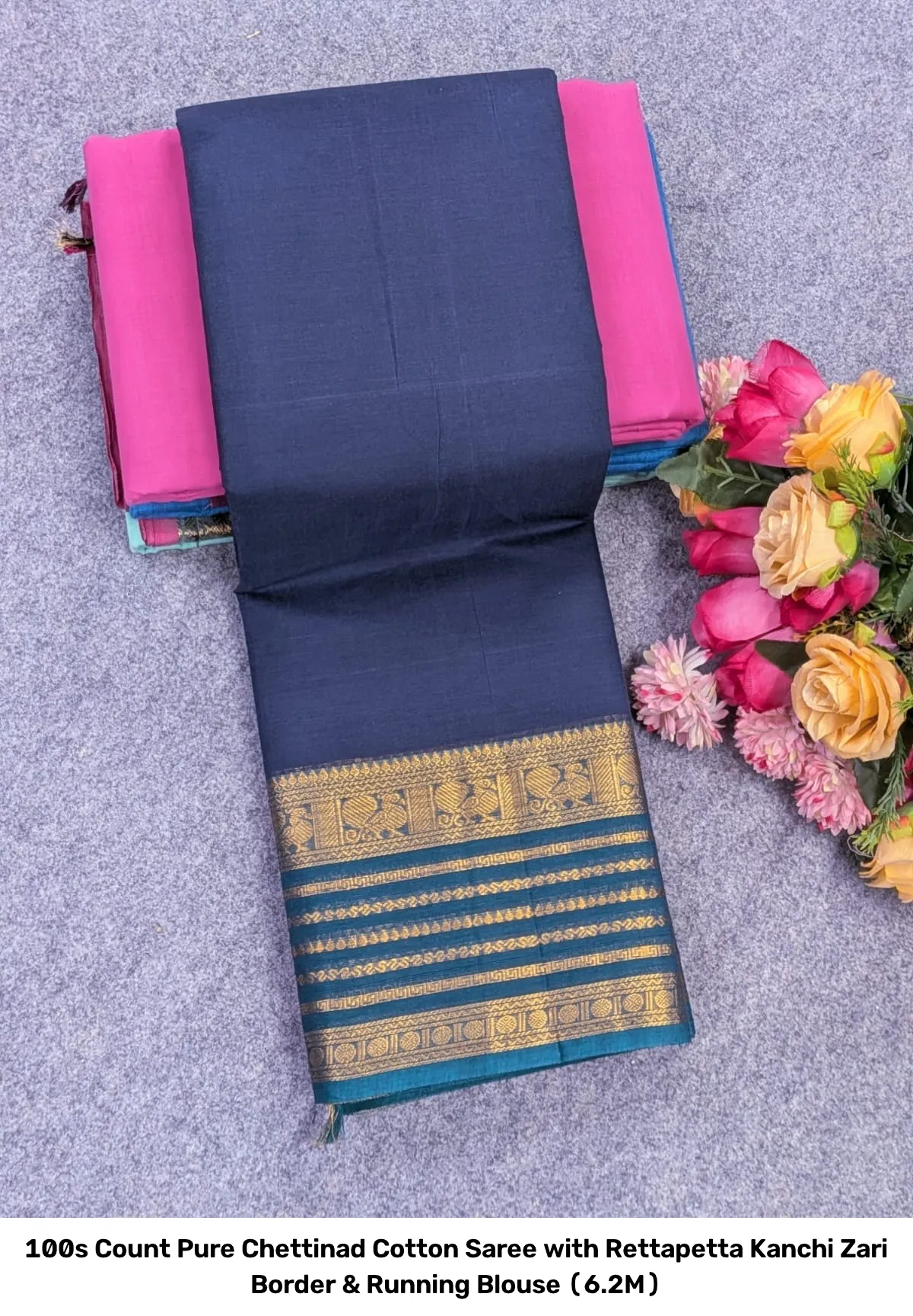 100s Count Pure Chettinad Cotton Saree with Rettapetta Kanchi Zari Border & Running Blouse (6.2M) 15