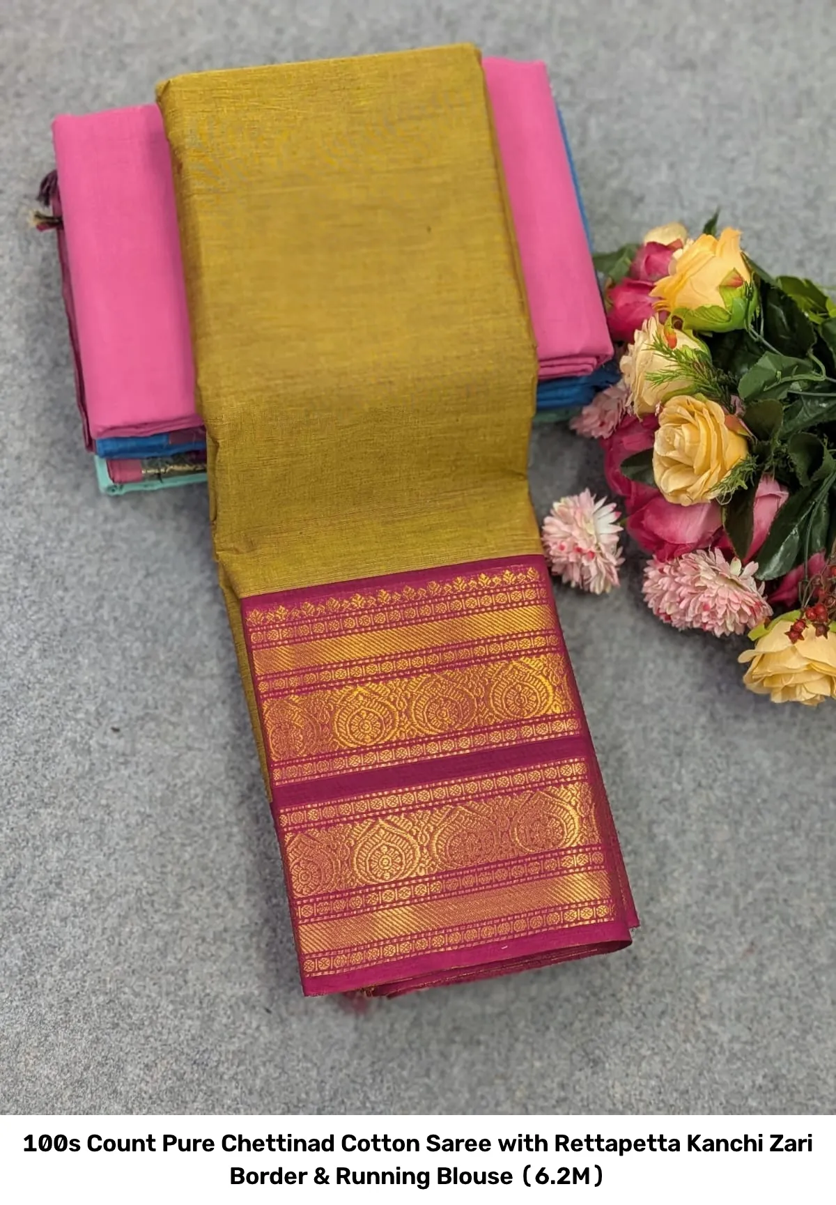 100s Count Pure Chettinad Cotton Saree with Rettapetta Kanchi Zari Border & Running Blouse (6.2M) 16