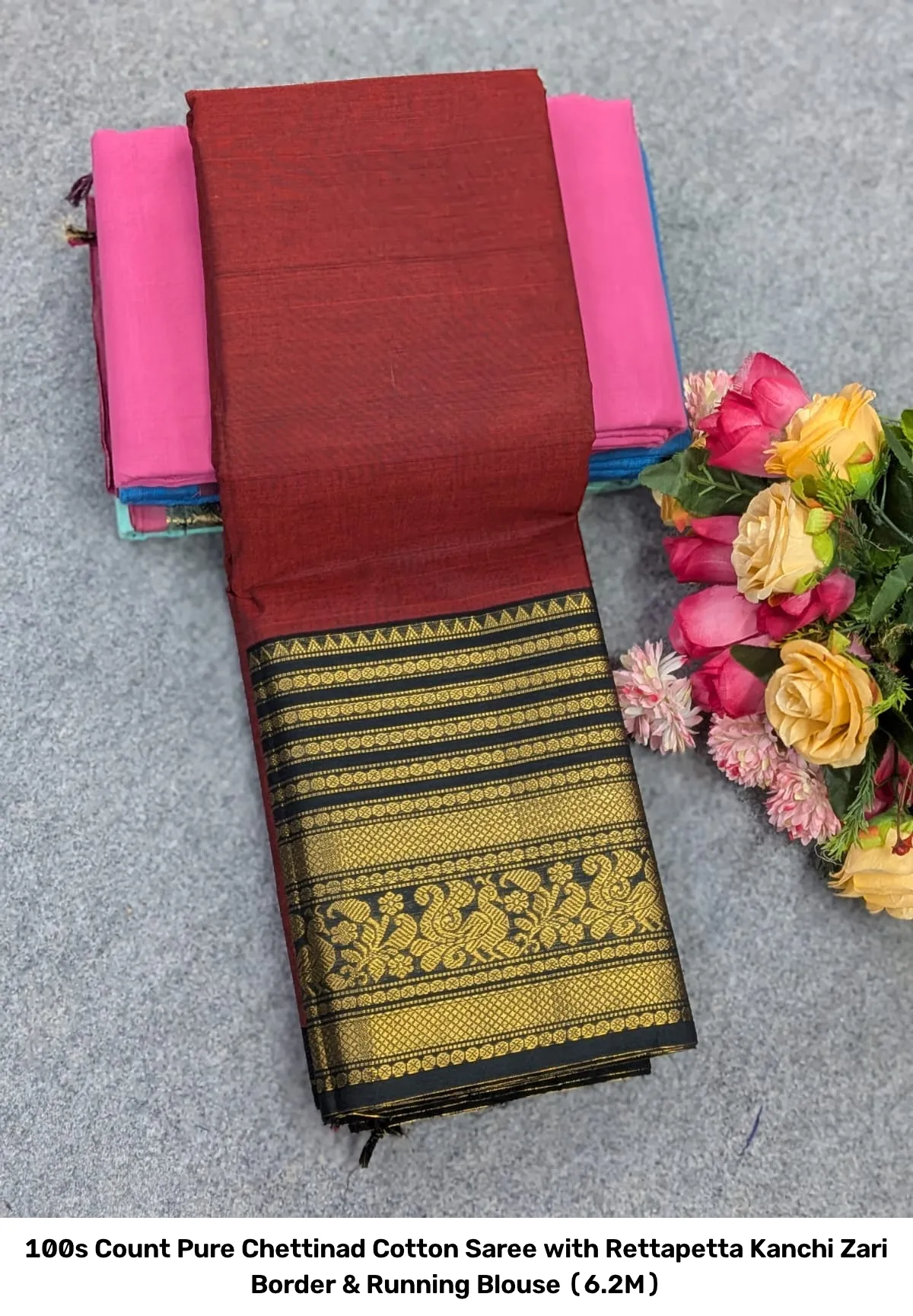 100s Count Pure Chettinad Cotton Saree with Rettapetta Kanchi Zari Border & Running Blouse (6.2M) 17