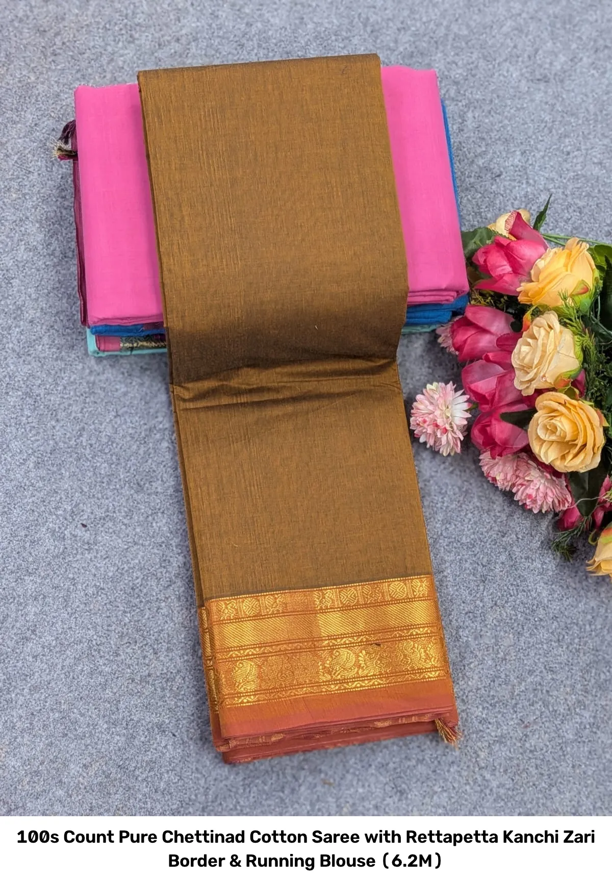 100s Count Pure Chettinad Cotton Saree with Rettapetta Kanchi Zari Border & Running Blouse (6.2M) 18