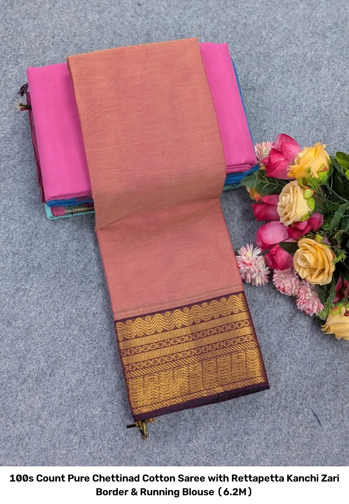 100s Count Pure Chettinad Cotton Saree with Rettapetta Kanchi Zari Border & Running Blouse (6.2M) 19