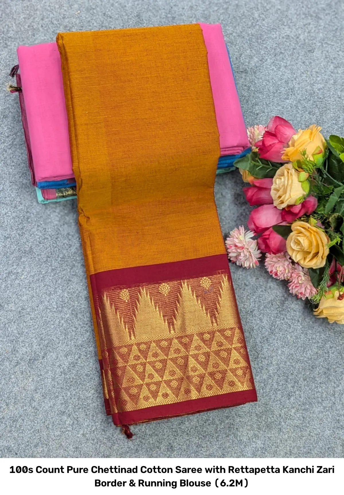 100s Count Pure Chettinad Cotton Saree with Rettapetta Kanchi Zari Border & Running Blouse (6.2M) 2