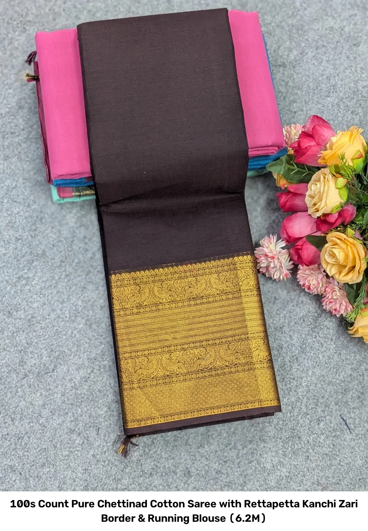 100s Count Pure Chettinad Cotton Saree with Rettapetta Kanchi Zari Border & Running Blouse (6.2M) 20