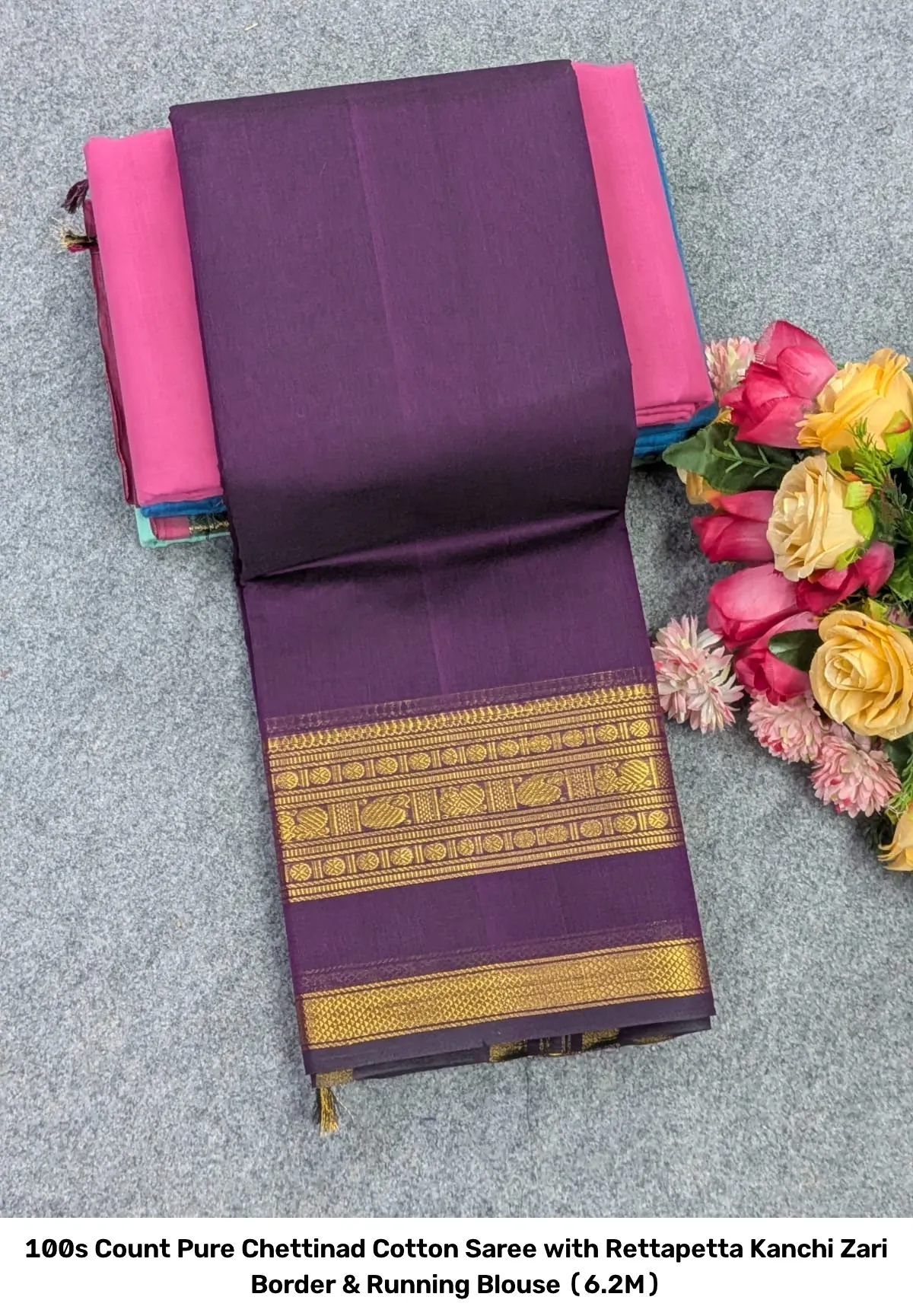 100s Count Pure Chettinad Cotton Saree with Rettapetta Kanchi Zari Border & Running Blouse (6.2M) 21