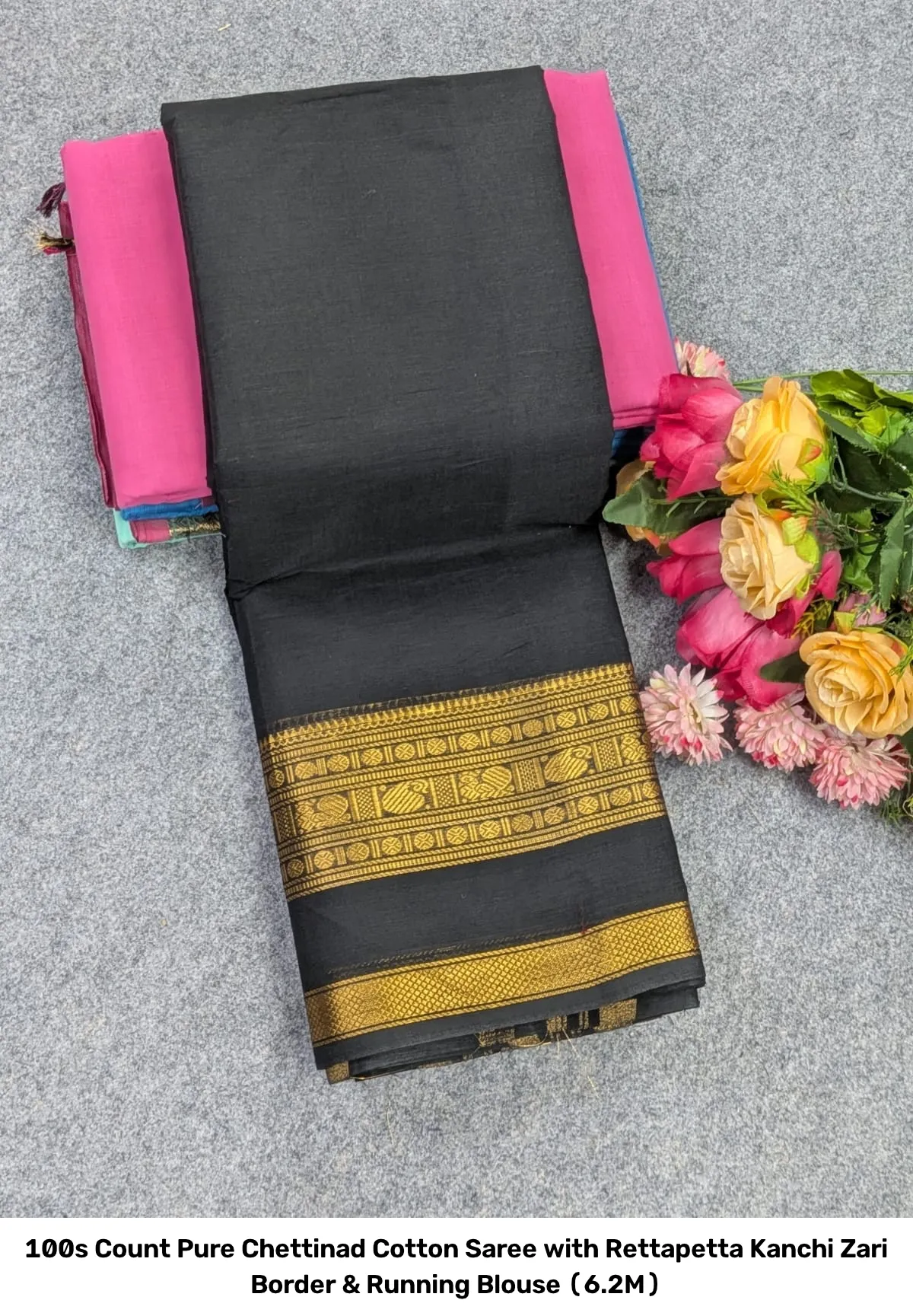 100s Count Pure Chettinad Cotton Saree with Rettapetta Kanchi Zari Border & Running Blouse (6.2M) 22