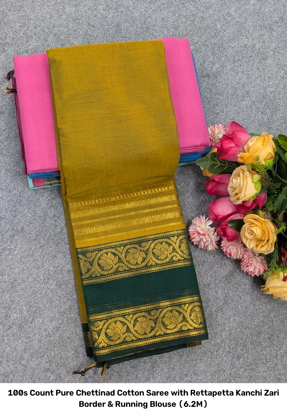 100s Count Pure Chettinad Cotton Saree with Rettapetta Kanchi Zari Border & Running Blouse (6.2M) 3