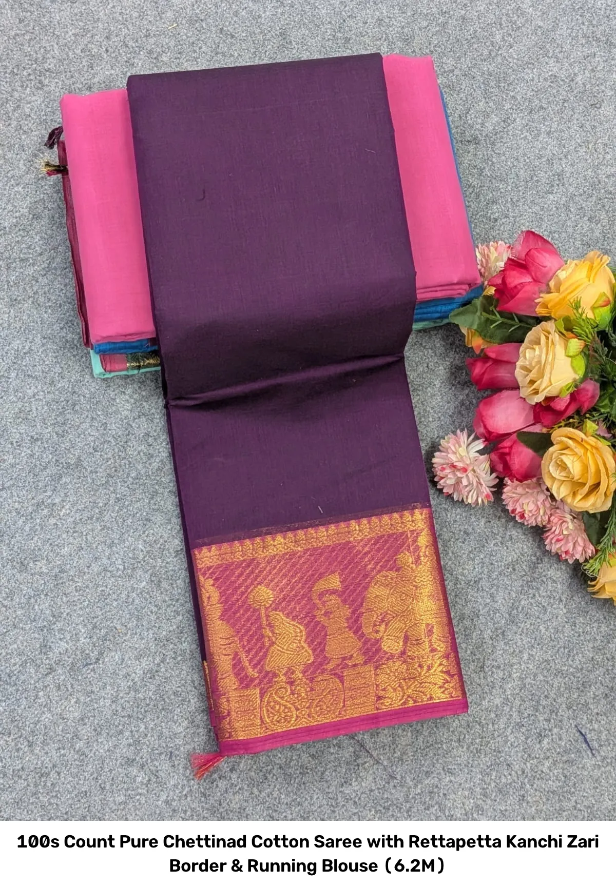 100s Count Pure Chettinad Cotton Saree with Rettapetta Kanchi Zari Border & Running Blouse (6.2M) 4
