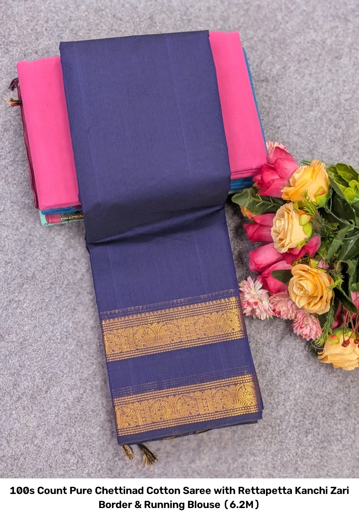 100s Count Pure Chettinad Cotton Saree with Rettapetta Kanchi Zari Border & Running Blouse (6.2M) 5