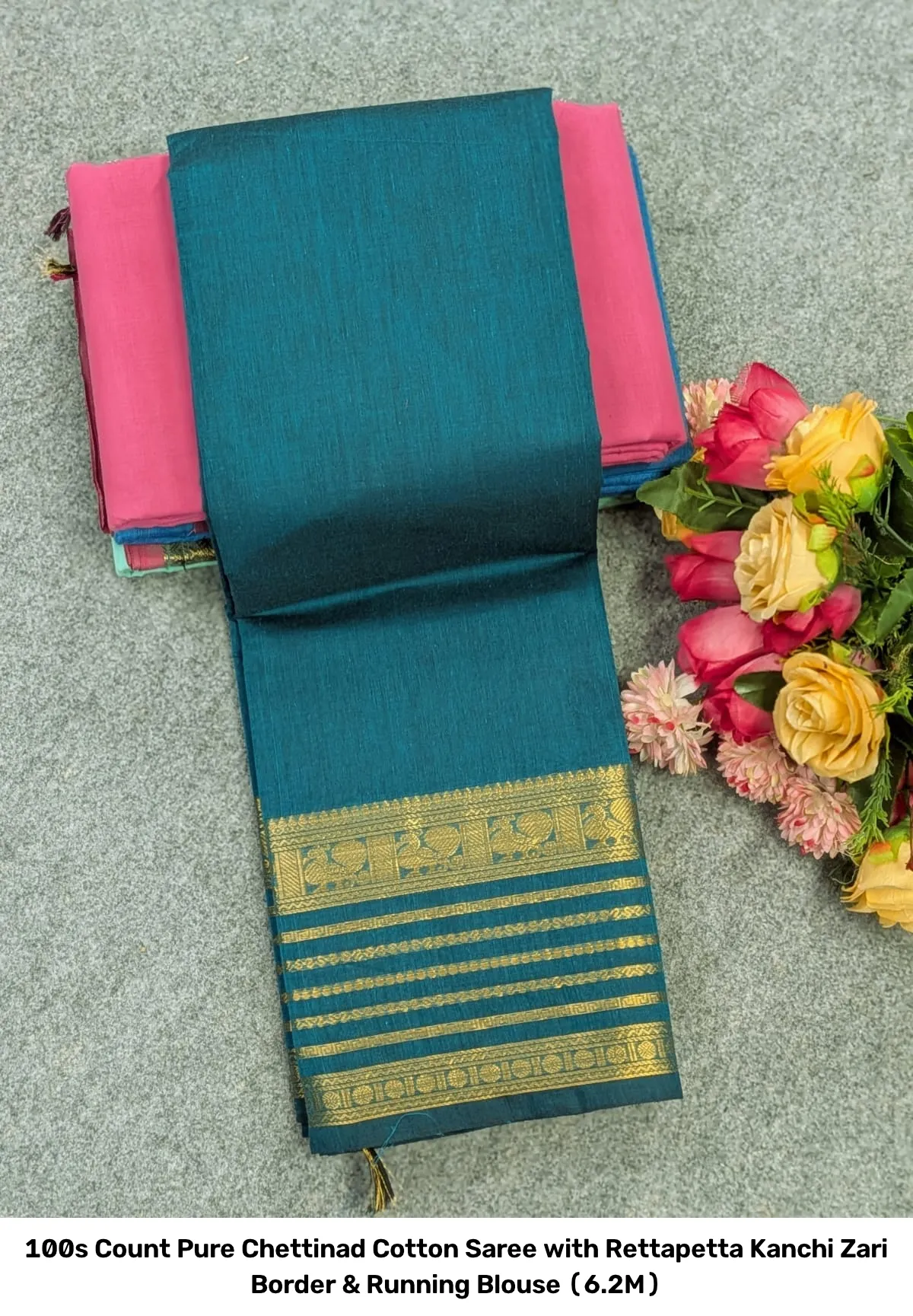 100s Count Pure Chettinad Cotton Saree with Rettapetta Kanchi Zari Border & Running Blouse (6.2M) 6