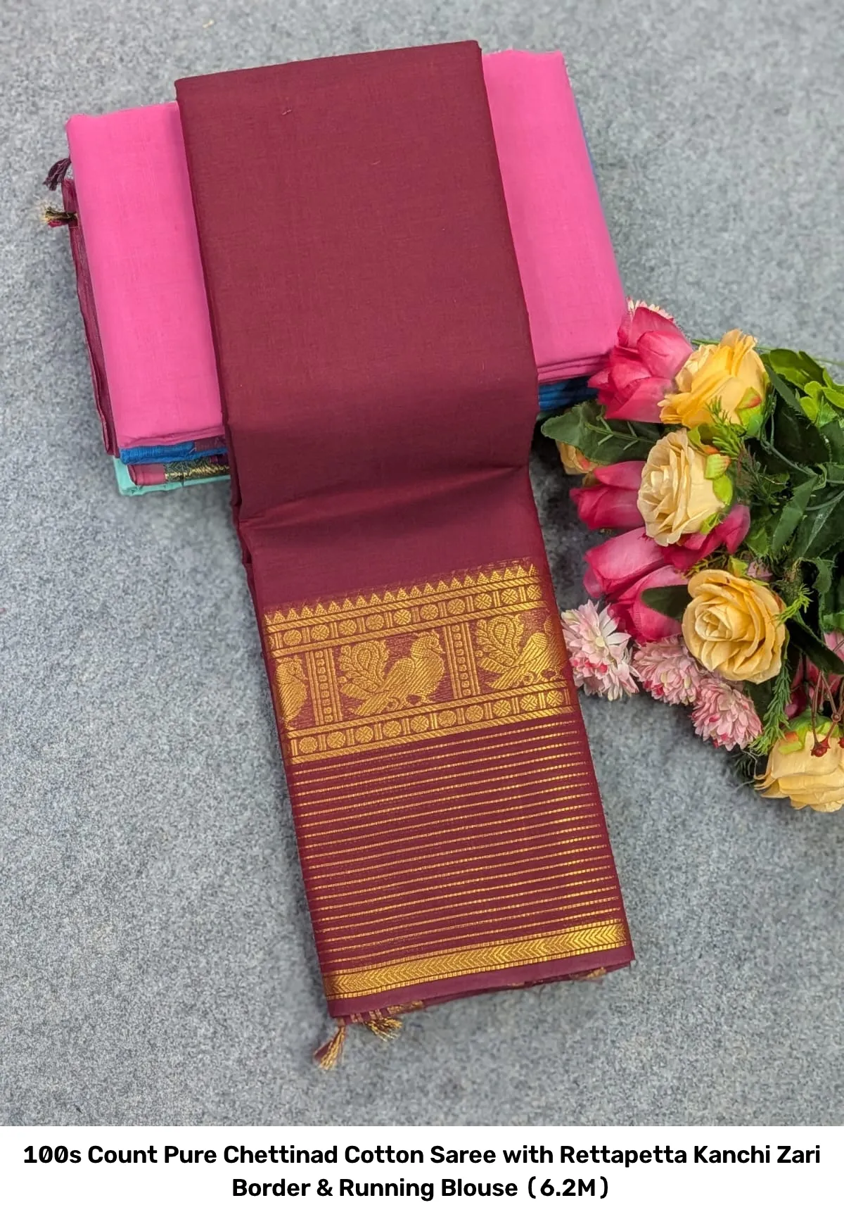 100s Count Pure Chettinad Cotton Saree with Rettapetta Kanchi Zari Border & Running Blouse (6.2M) 7