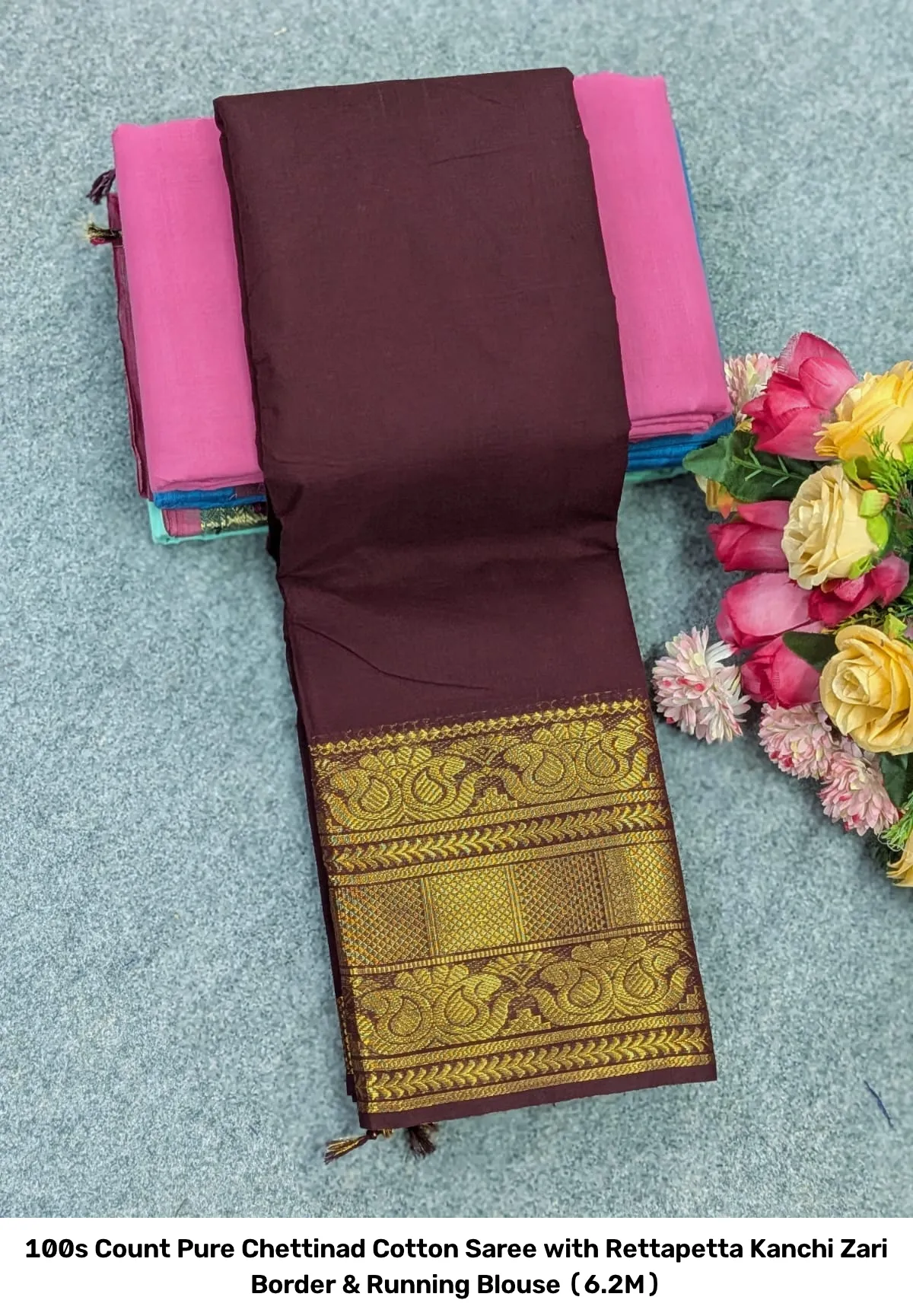100s Count Pure Chettinad Cotton Saree with Rettapetta Kanchi Zari Border & Running Blouse (6.2M) 8