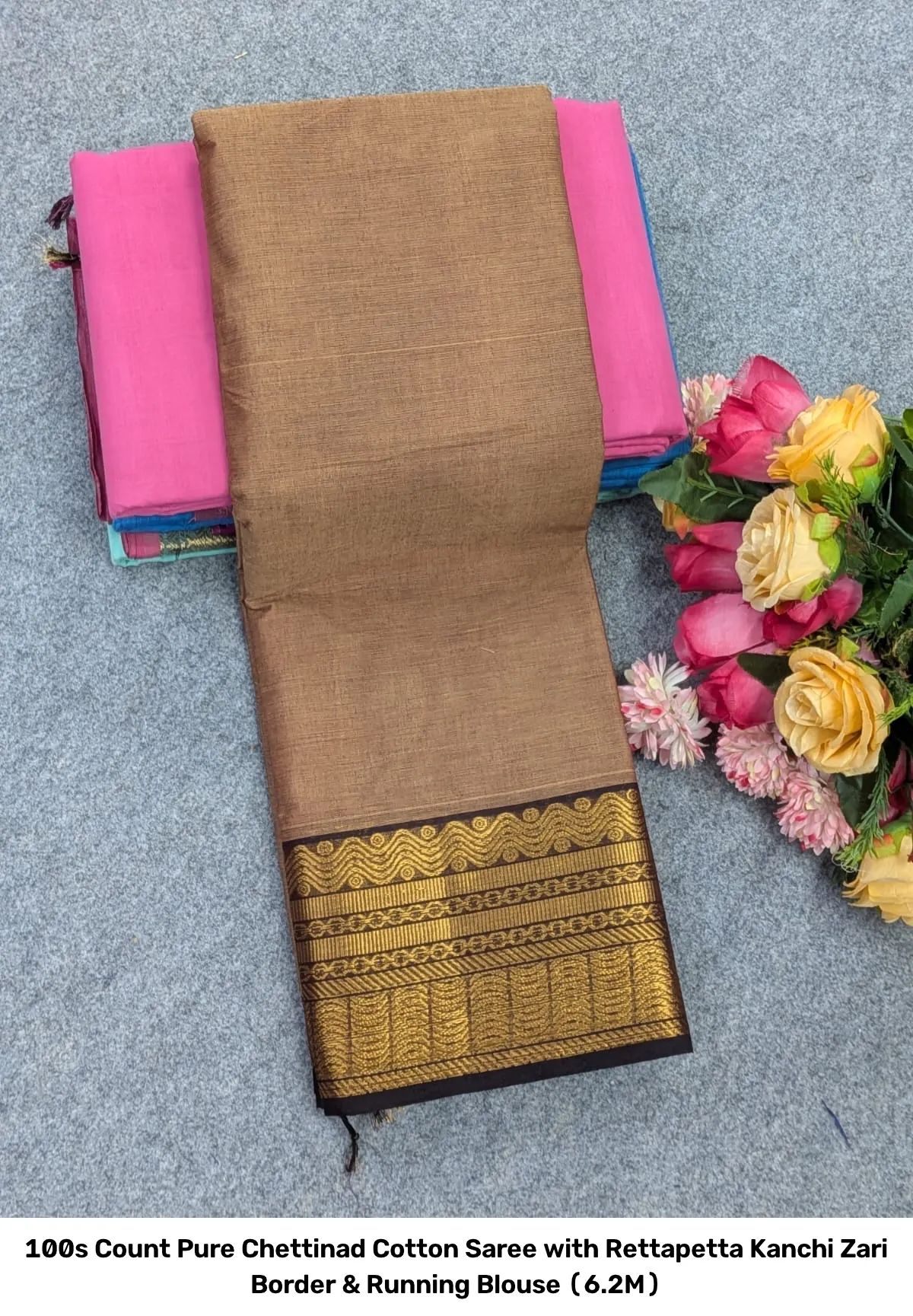 100s Count Pure Chettinad Cotton Saree with Rettapetta Kanchi Zari Border & Running Blouse (6.2M) 9