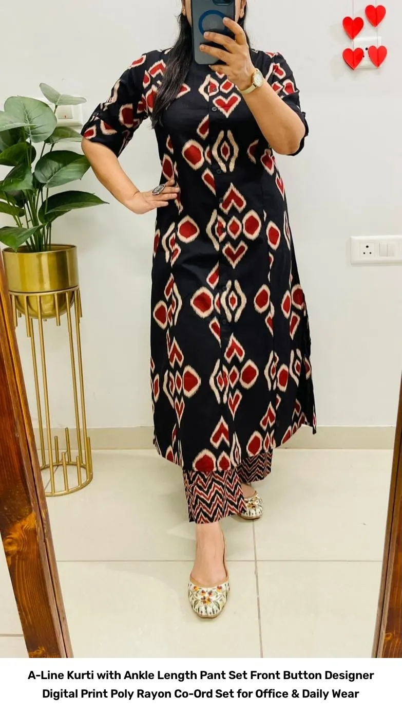 A-Line Kurti with Ankle Length Pant Set – Front Button Designer Digital Print Poly Rayon Co-Ord Set for Office & Daily Wear 3