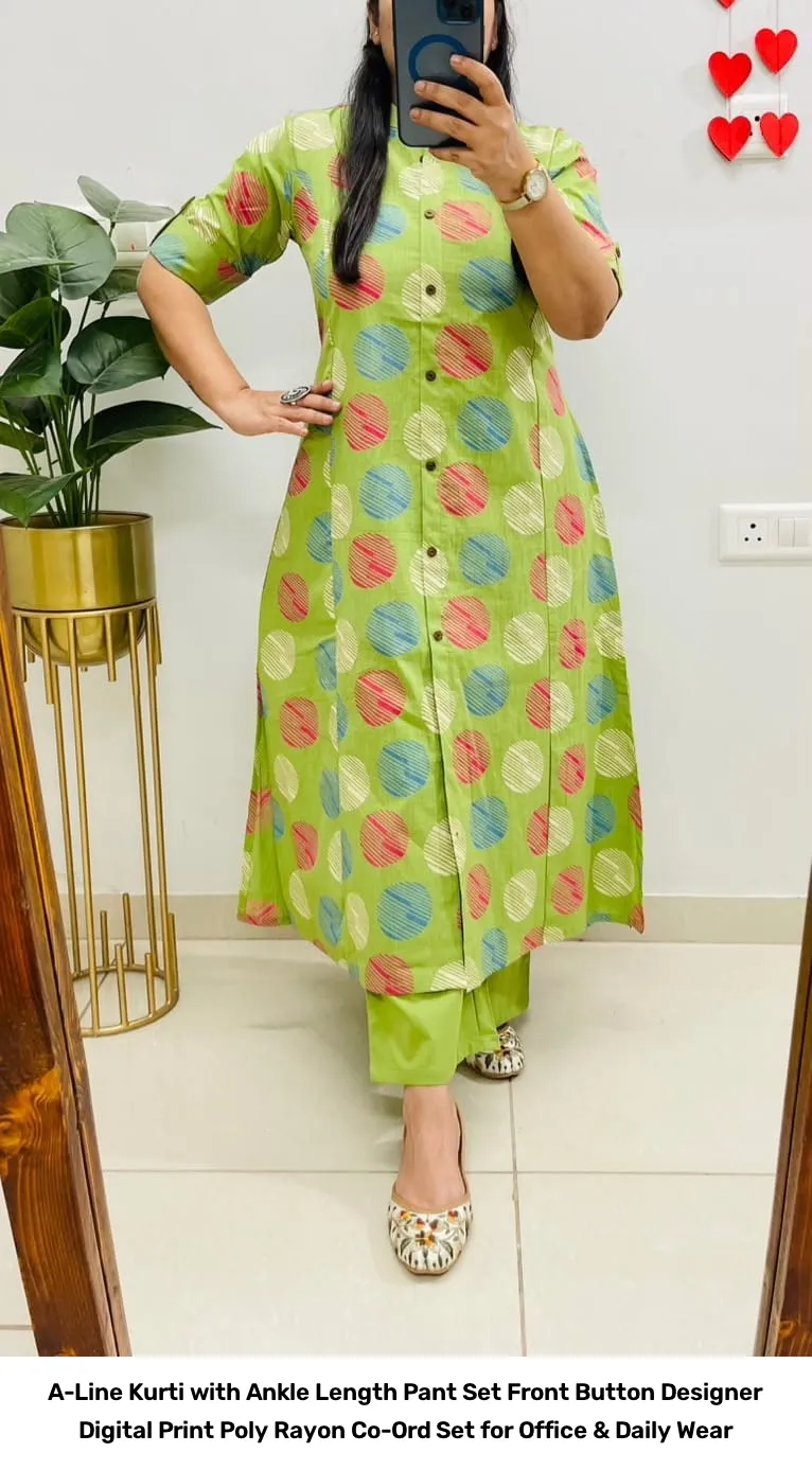 A-Line Kurti with Ankle Length Pant Set – Front Button Designer Digital Print Poly Rayon Co-Ord Set for Office & Daily Wear 4