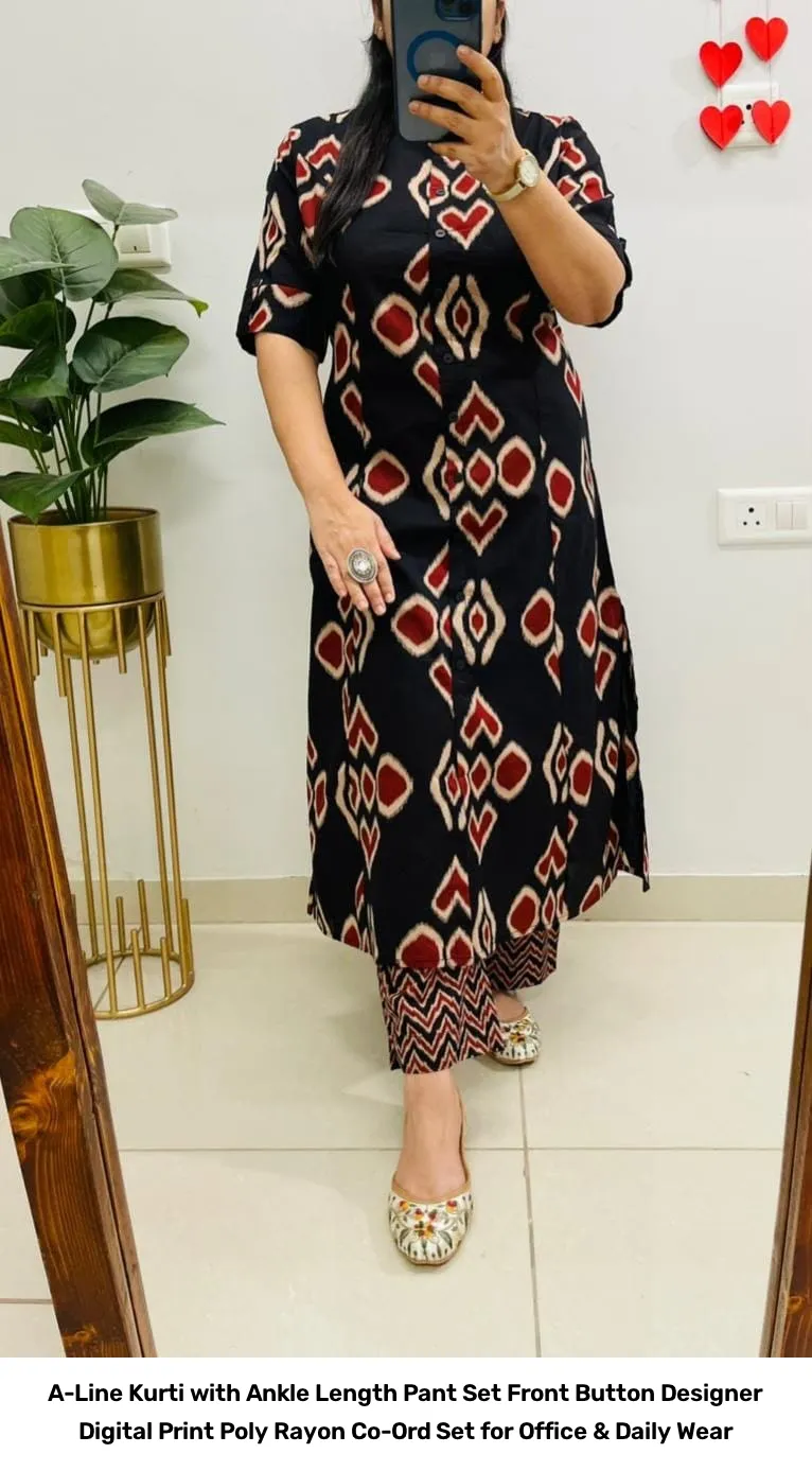A-Line Kurti with Ankle Length Pant Set – Front Button Designer Digital Print Poly Rayon Co-Ord Set for Office & Daily Wear 6