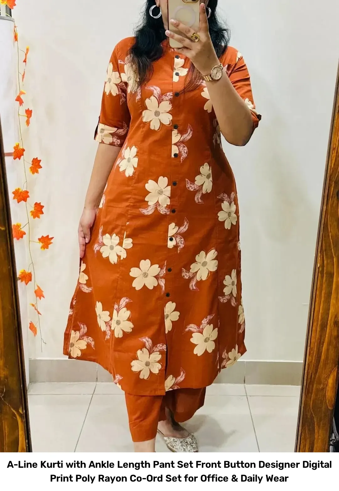 A-Line Kurti with Ankle Length Pant Set – Front Button Designer Digital Print Poly Rayon Co-Ord Set for Office & Daily Wear 7