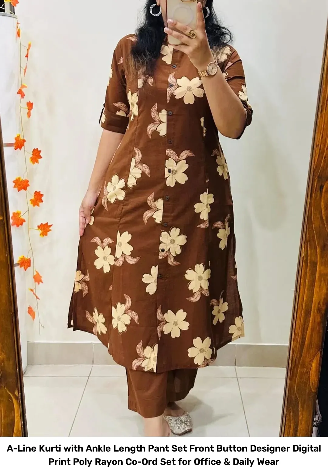 A-Line Kurti with Ankle Length Pant Set – Front Button Designer Digital Print Poly Rayon Co-Ord Set for Office & Daily Wear 8
