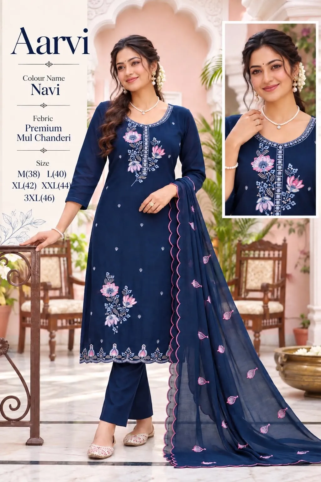 Aarvi Mul Chanderi Embroidered Straight Kurta Pant Set with Scallop Dupatta | Festive 3-Piece Suit for Women