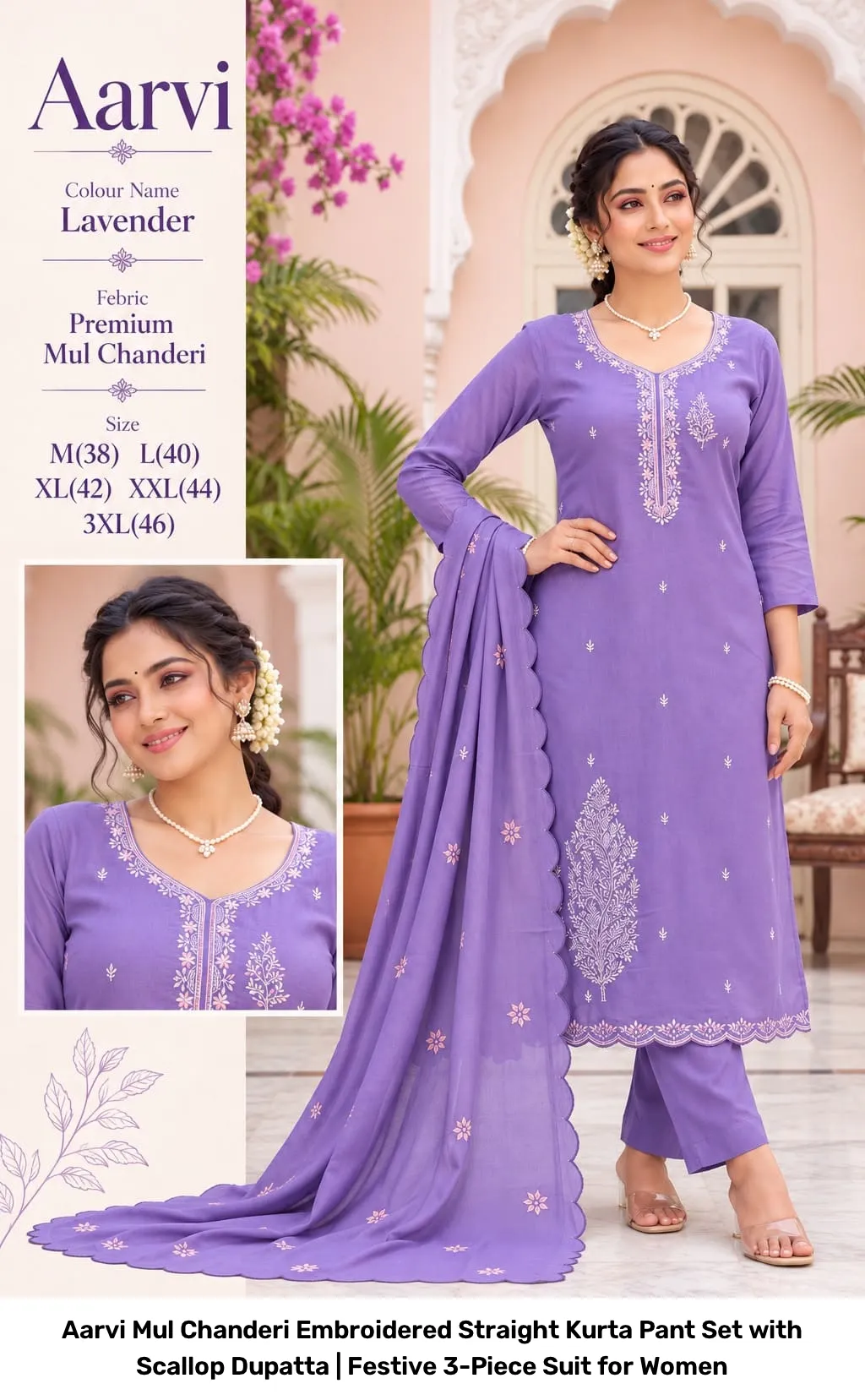 Aarvi Mul Chanderi Embroidered Straight Kurta Pant Set with Scallop Dupatta | Festive 3-Piece Suit for Women 2