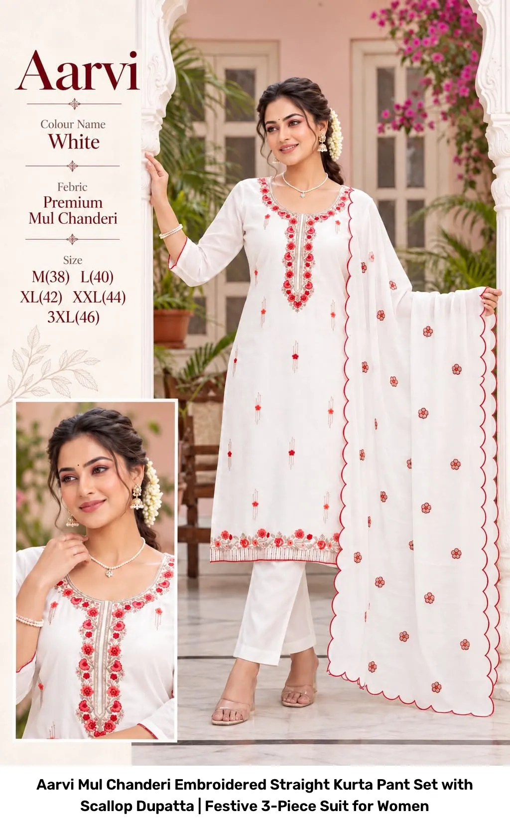Aarvi Mul Chanderi Embroidered Straight Kurta Pant Set with Scallop Dupatta | Festive 3-Piece Suit for Women 3