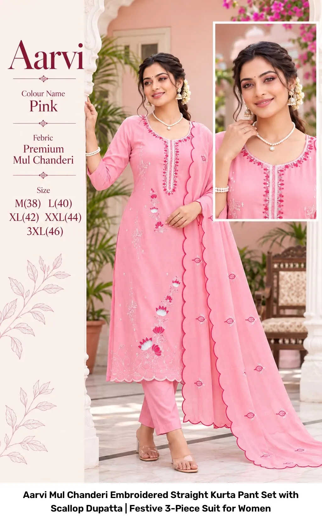 Aarvi Mul Chanderi Embroidered Straight Kurta Pant Set with Scallop Dupatta | Festive 3-Piece Suit for Women 4