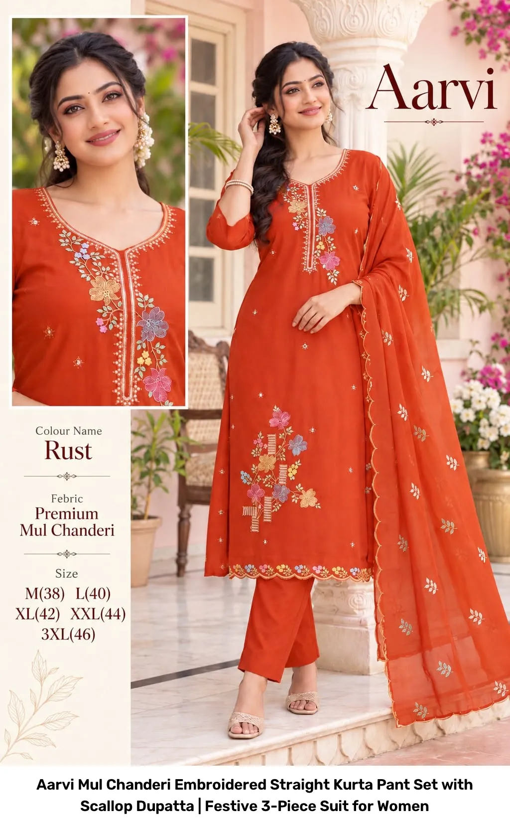 Aarvi Mul Chanderi Embroidered Straight Kurta Pant Set with Scallop Dupatta | Festive 3-Piece Suit for Women 5