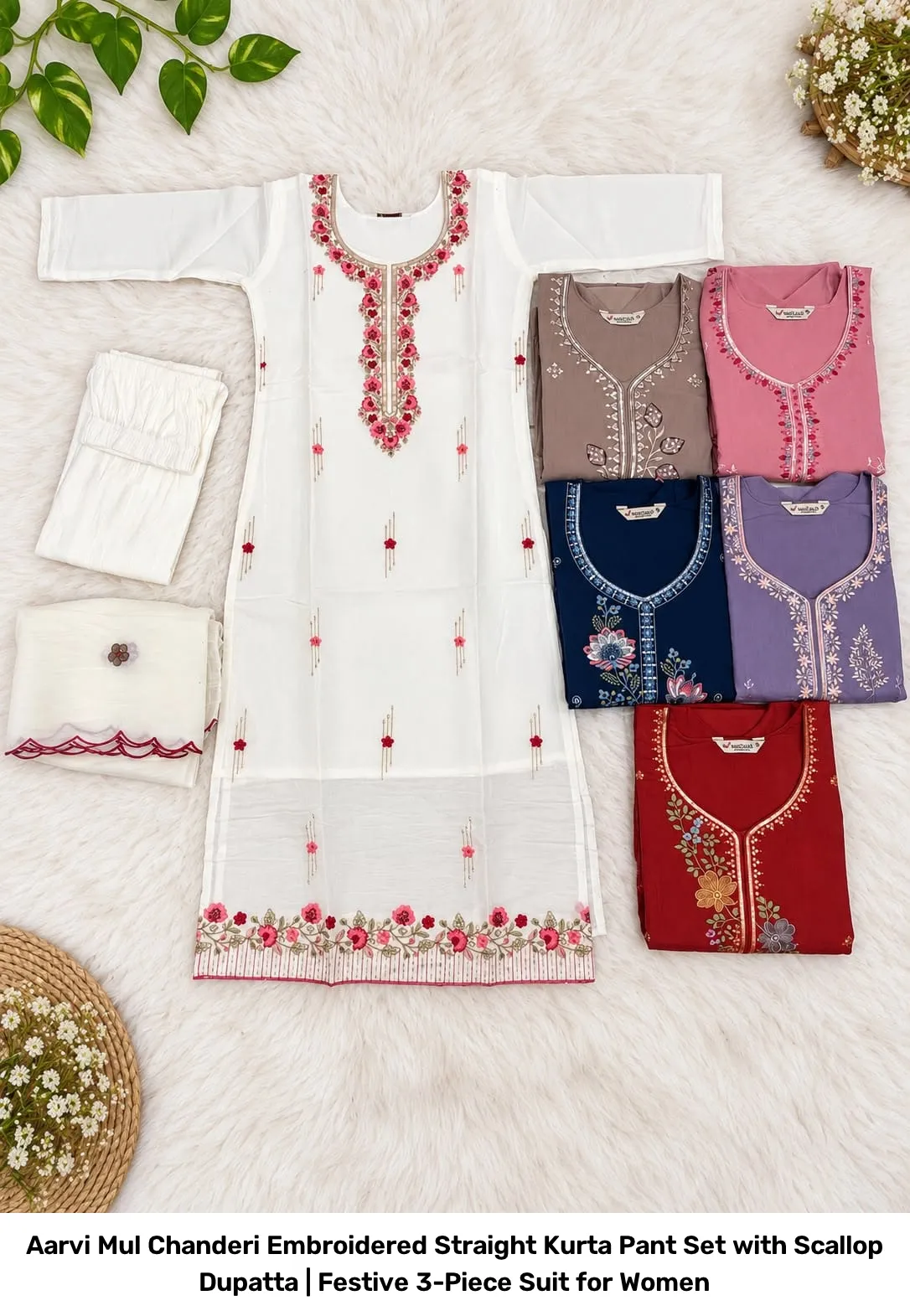 Aarvi Mul Chanderi Embroidered Straight Kurta Pant Set with Scallop Dupatta | Festive 3-Piece Suit for Women 6