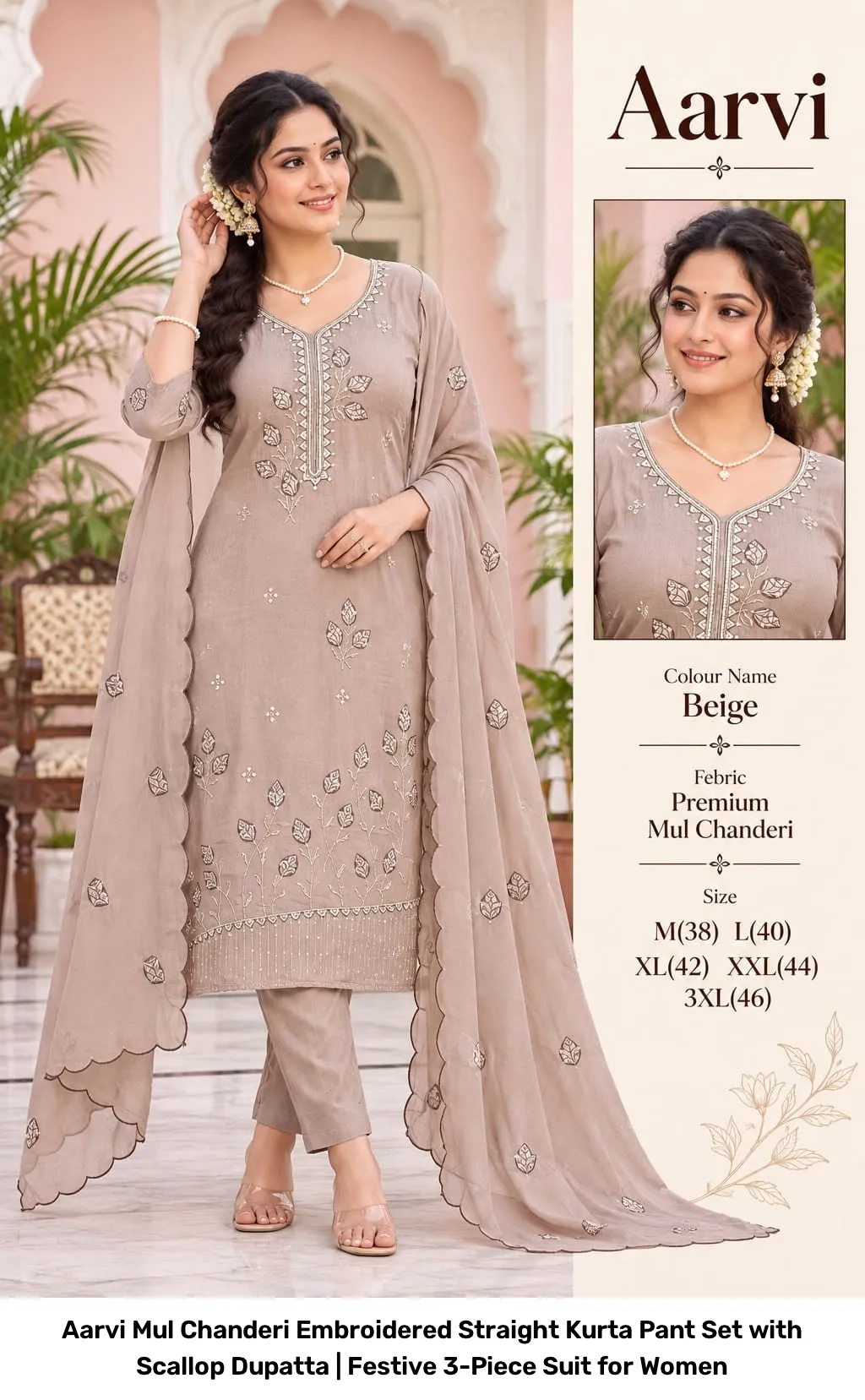 Aarvi Mul Chanderi Embroidered Straight Kurta Pant Set with Scallop Dupatta | Festive 3-Piece Suit for Women 7
