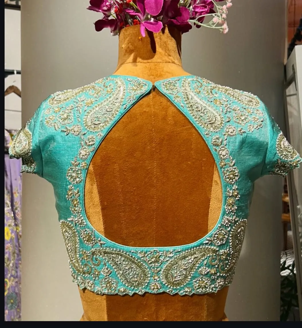 Aqua Turquoise Raw Silk Blouse – Traditional Mango Motif Aari Work Choli, Cutout Back Bridal Saree Top with Cap Sleeves