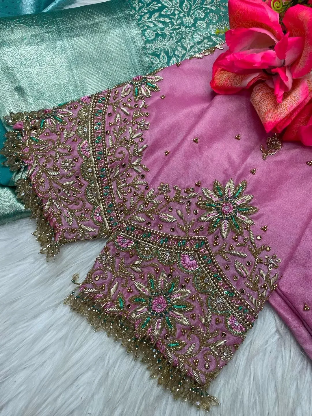 Baby Pink Aari Work Bridal Blouse | Handcrafted Zardozi Silk Saree Blouse with Hanging Crystal Beads & Cutwork