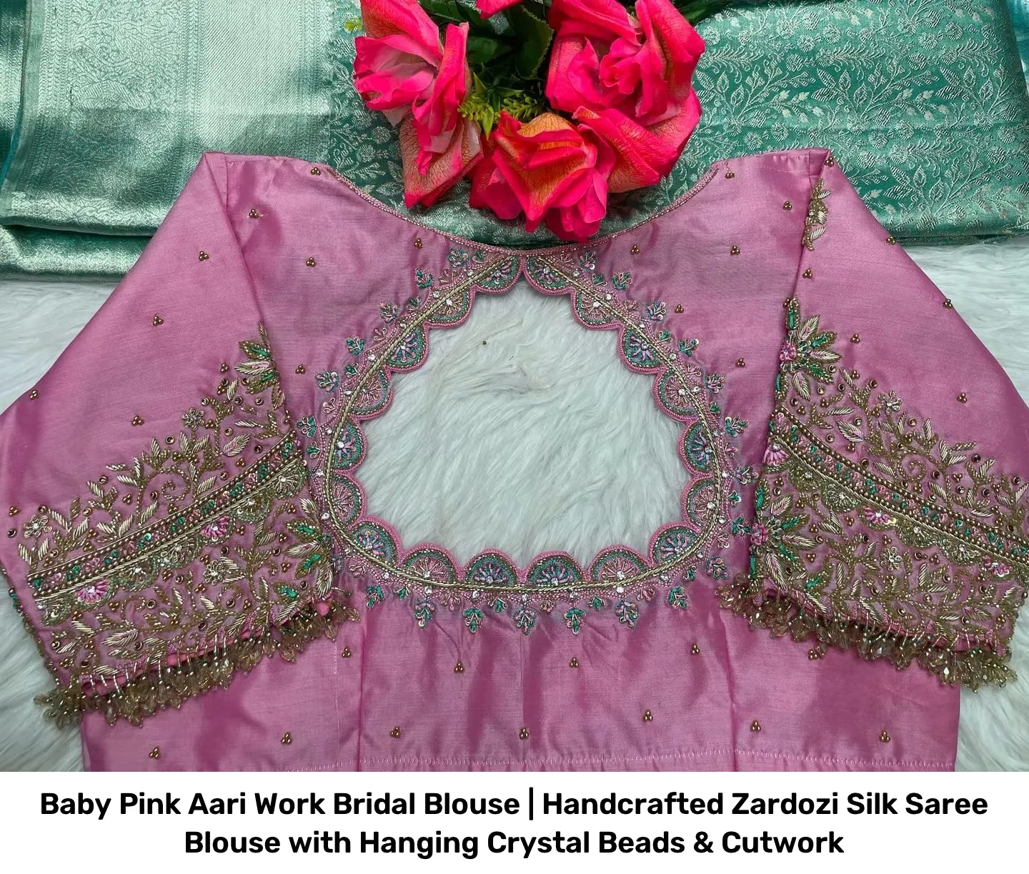 Baby Pink Aari Work Bridal Blouse | Handcrafted Zardozi Silk Saree Blouse with Hanging Crystal Beads & Cutwork 2