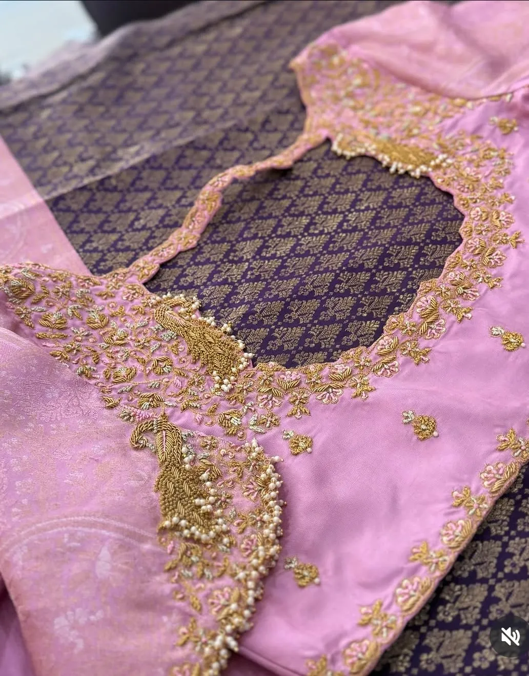 Baby Pink Peacock Maggam Work Blouse | Handcrafted Zardozi & Pearl Cutwork Bridal Silk Saree Blouse